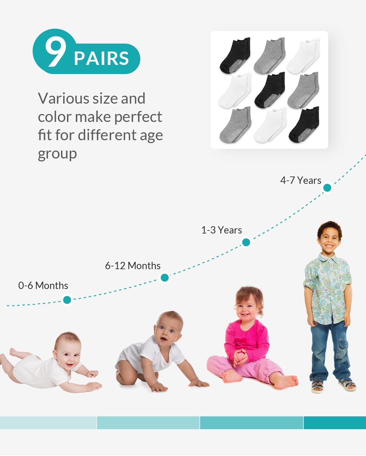 Infinno Baby Non Slip Ankle Socks 9 Pairs - Toddler Socks with Grips for Kids, Infants Boys and Girls 6-24 Months, 1T-7T