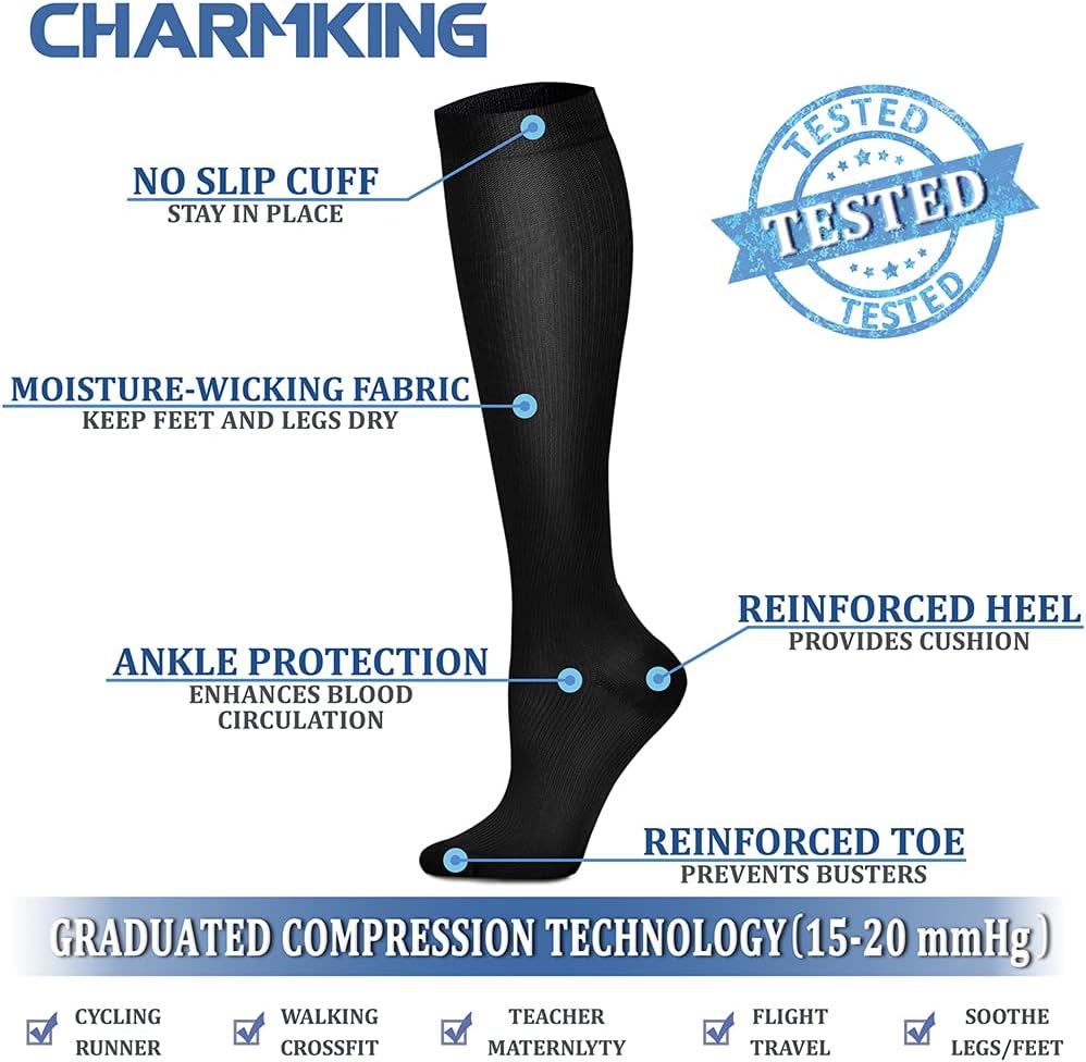 CHARMKING Compression Socks for Women & Men Circulation (8 Pairs) 15-20 mmHg Best Calf Socks Support for Athletic Cycling