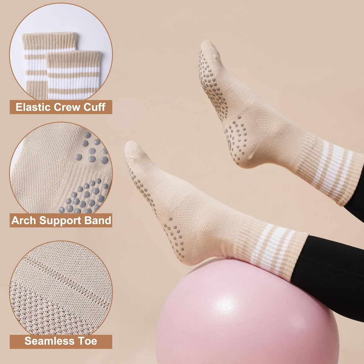 Women's Grip Pilates Crew Socks, Non Slip Yoga Barre Sticky Socks