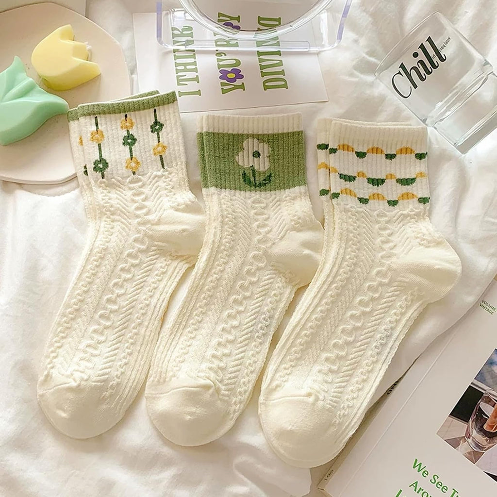 5 Pair Women's Vintage Floral Cable Knit Socks,Soft Breathable Casual Crew Socks