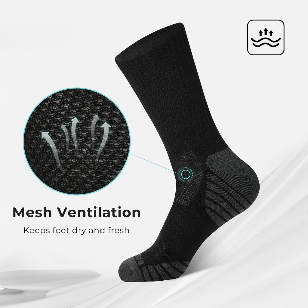 BAMBOO COOL Men's Crew Socks Athletic Running Sports Socks, Cushioned Moisture Wicking, Breathable Arch Support 6 Pack