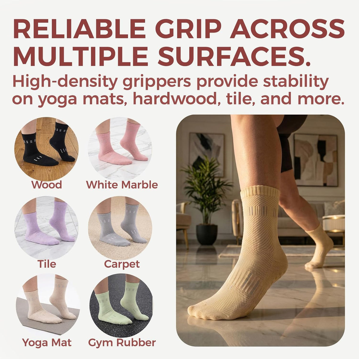 5 Pairs Pilates Socks Yoga Crew Socks with Grips for Women Non Slip