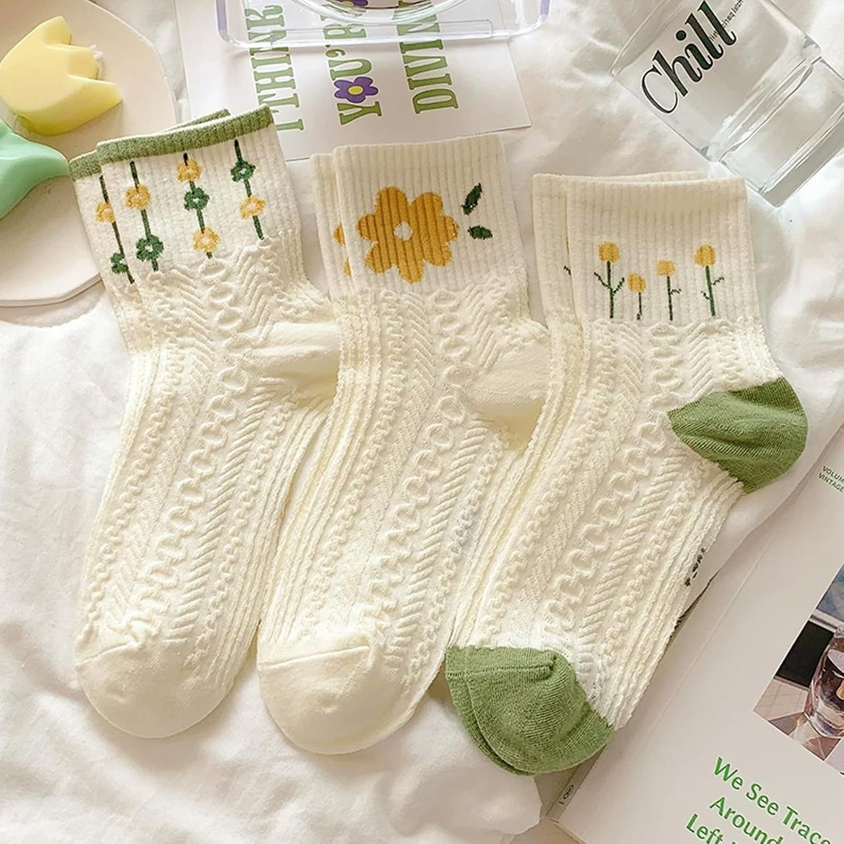 5 Pair Women's Vintage Floral Cable Knit Socks,Soft Breathable Casual Crew Socks