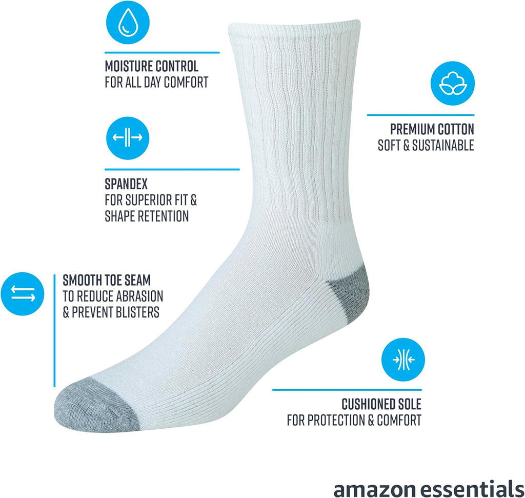 Amazon Essentials Men's Cotton Crew Athletic Moisture Wicking Sports Socks with Cushioned Sole, 10 Pairs