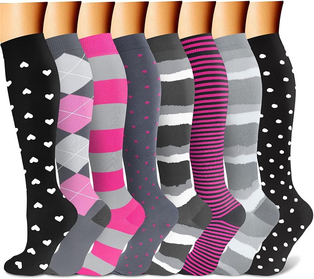 CHARMKING Compression Socks for Women & Men Circulation (8 Pairs) 15-20 mmHg Best Calf Socks Support for Athletic Cycling