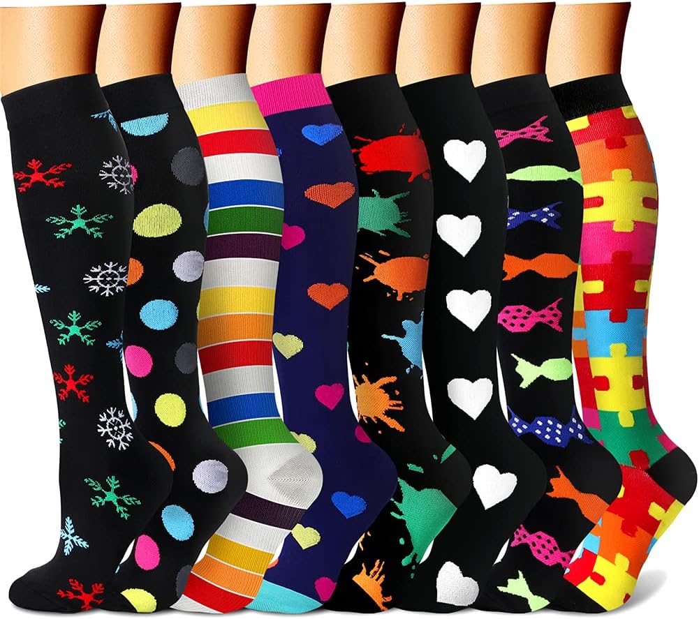 CHARMKING Compression Socks for Women & Men Circulation (8 Pairs) 15-20 mmHg Best Calf Socks Support for Athletic Cycling