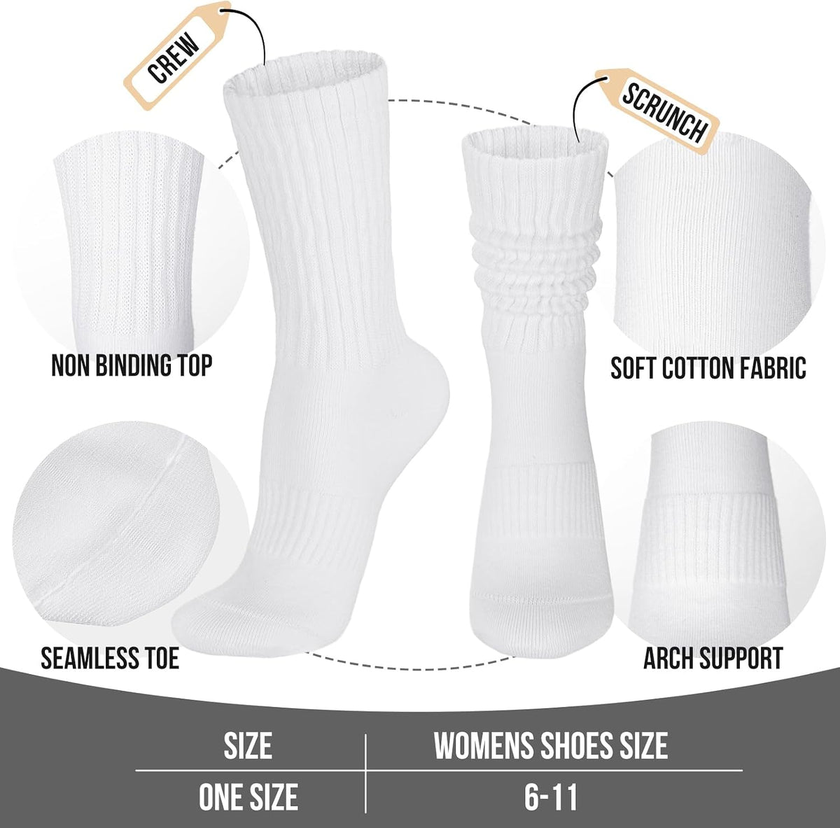 Womens Scrunch Crew Socks: Retro Solid Slouch Mid Calf Socks