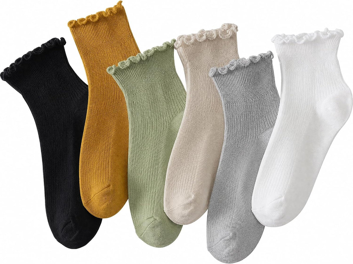 Hstyle 6 Pairs of Ruffle Socks Women, Cute Ruffle Ankle Socks