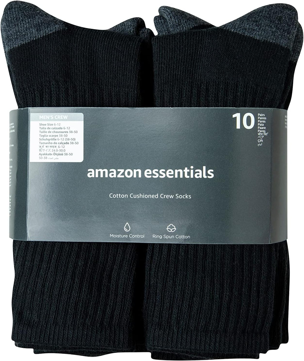 Amazon Essentials Men's Cotton Crew Athletic Moisture Wicking Sports Socks with Cushioned Sole, 10 Pairs