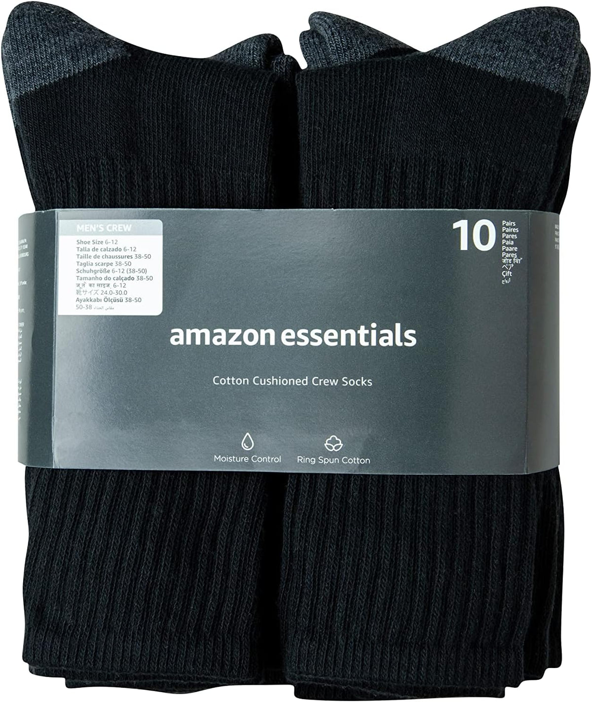 Amazon Essentials Men's Cotton Crew Athletic Moisture Wicking Sports Socks with Cushioned Sole, 10 Pairs