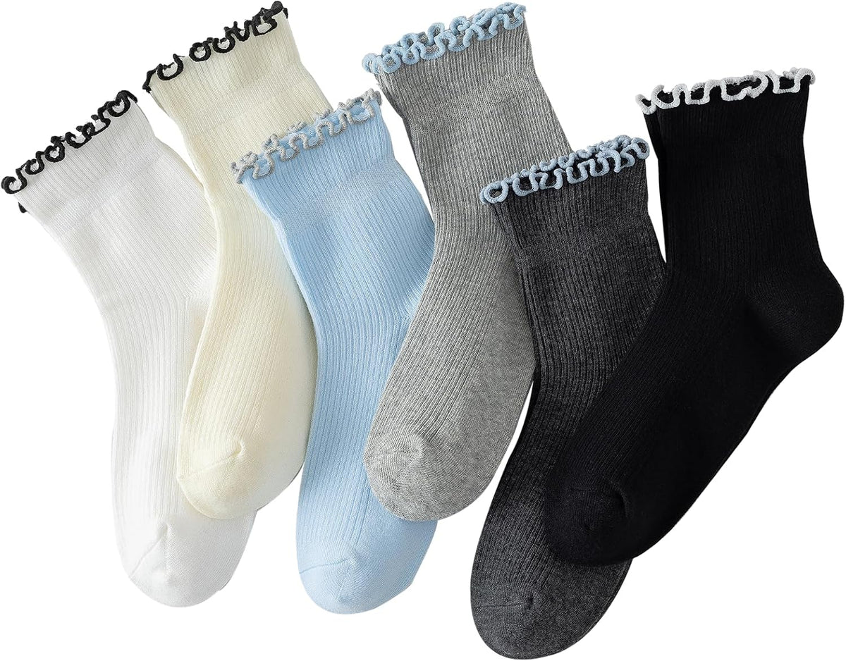 Hstyle 6 Pairs of Ruffle Socks Women, Cute Ruffle Ankle Socks
