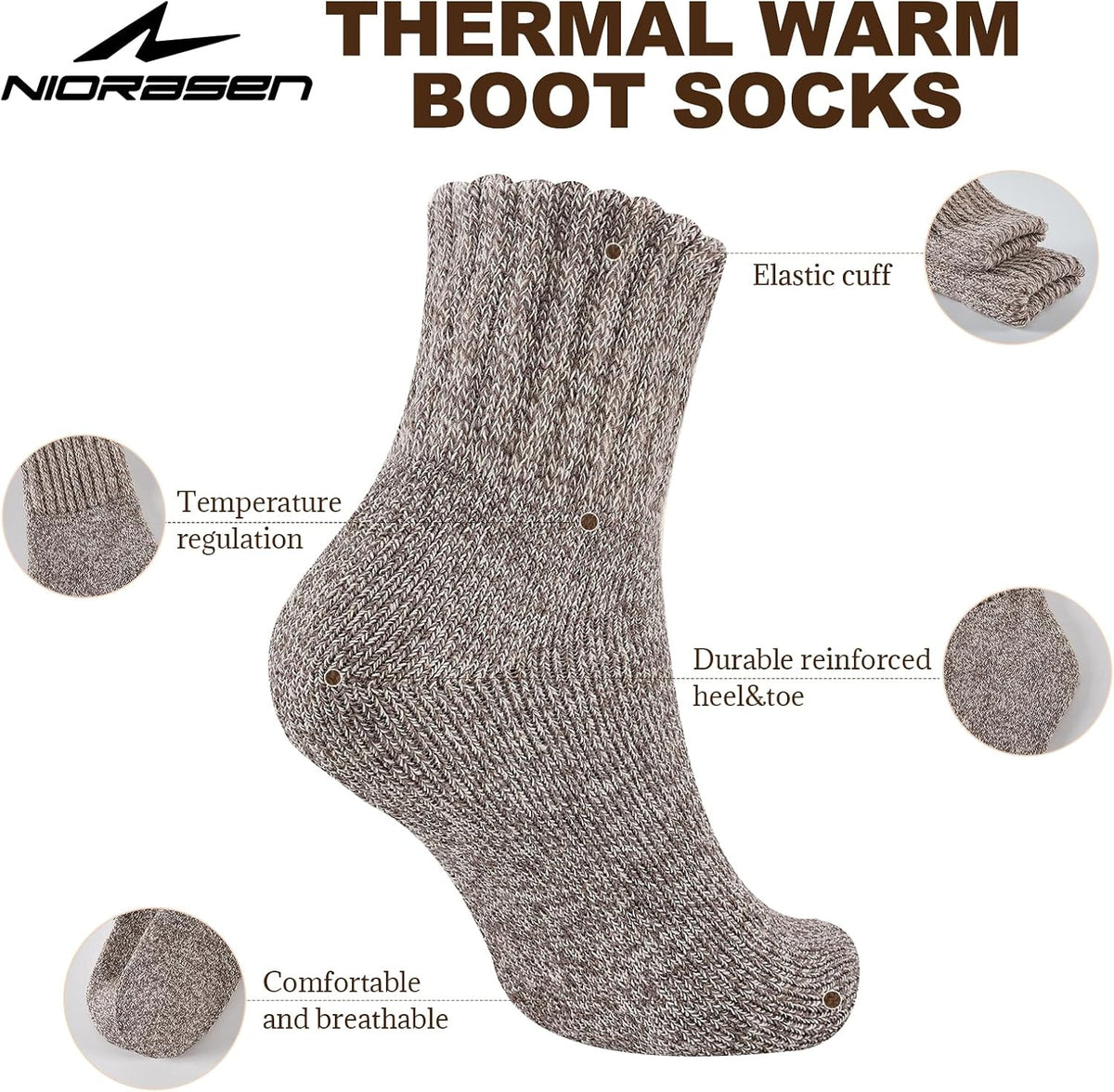 Niorasen Women's Thermal Socks, 3 Pairs, Cushioned Winter Crew Boot Socks
