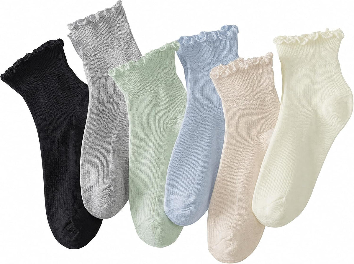 Hstyle 6 Pairs of Ruffle Socks Women, Cute Ruffle Ankle Socks