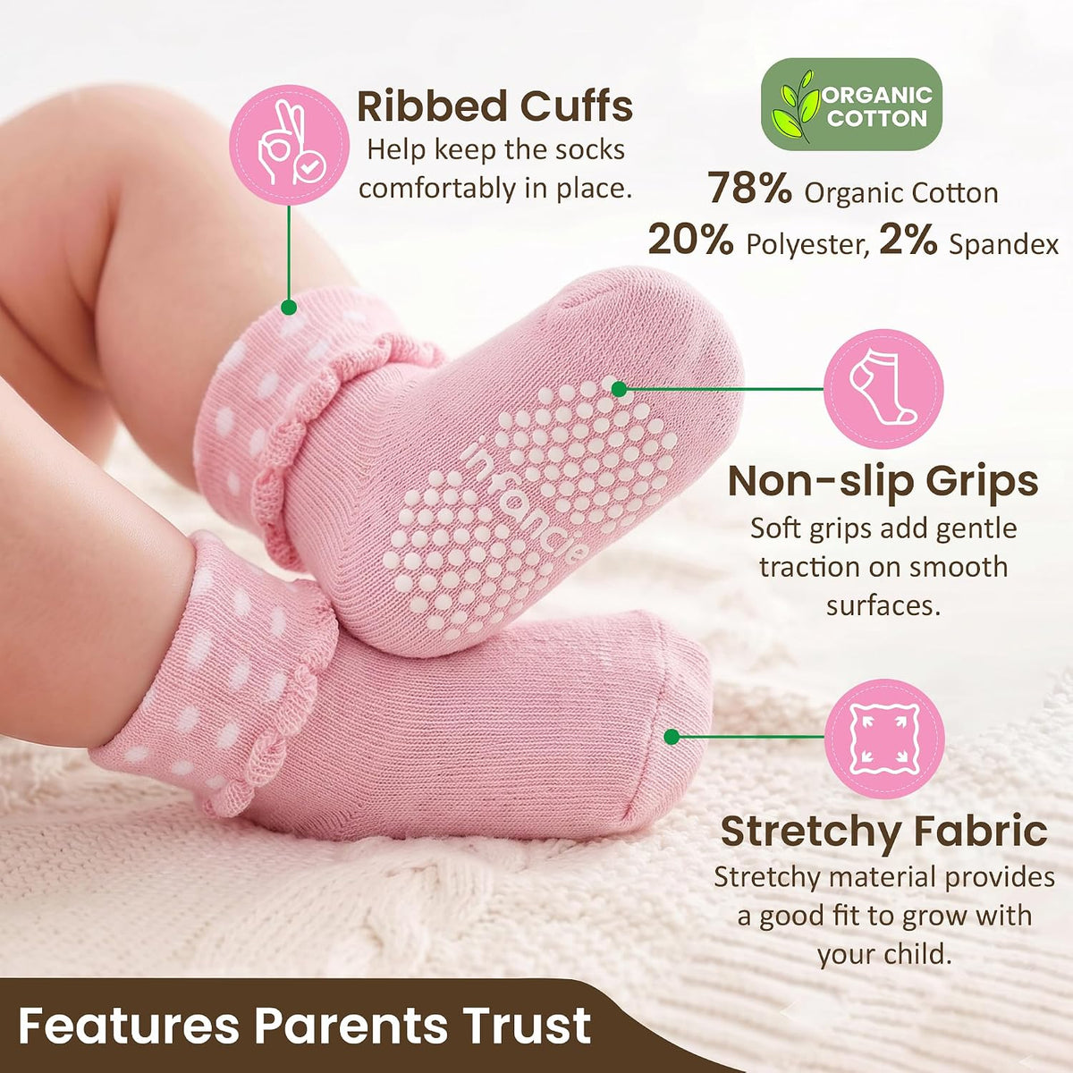 GOTS Organic Cotton Blend 12 Pairs Baby Newborn Socks 0-6 M Girl Non Slip
