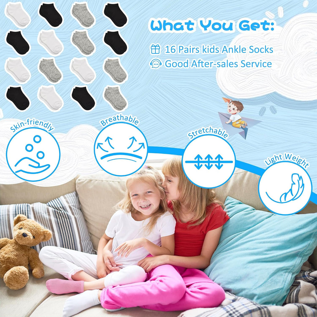 Toddler Socks, 16 Pairs Low Cut Ankle Socks for Kids (1-14 Years)