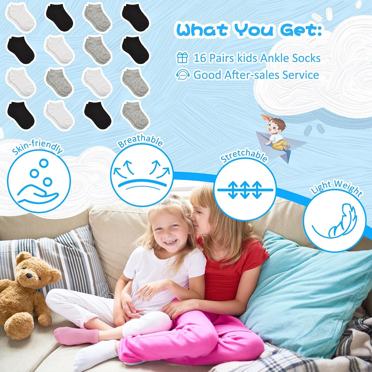 Toddler Socks, 16 Pairs Low Cut Ankle Socks for Kids (1-14 Years)