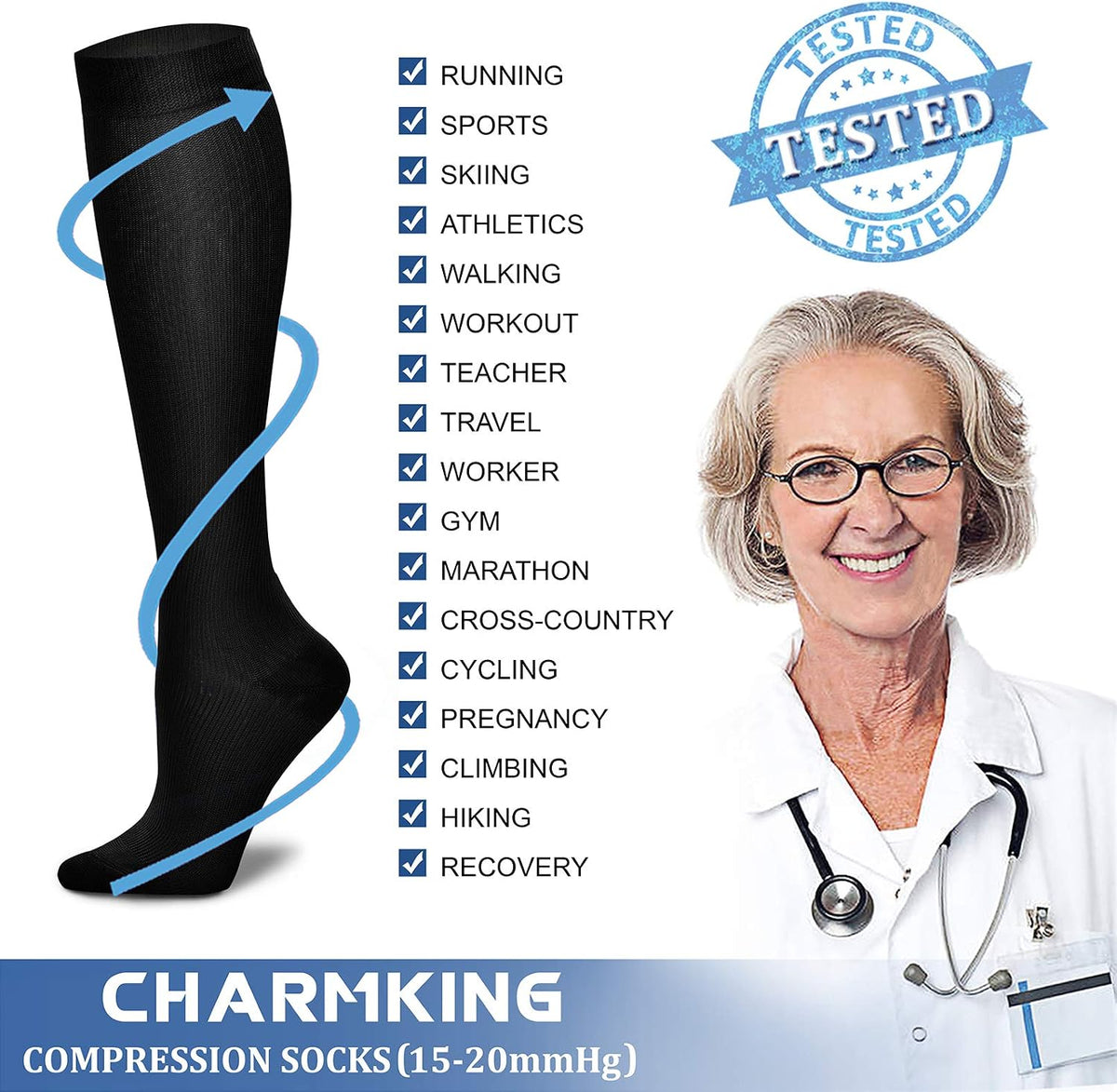 CHARMKING Compression Socks for Women & Men Circulation (8 Pairs) 15-20 mmHg Best Calf Socks Support for Athletic Cycling