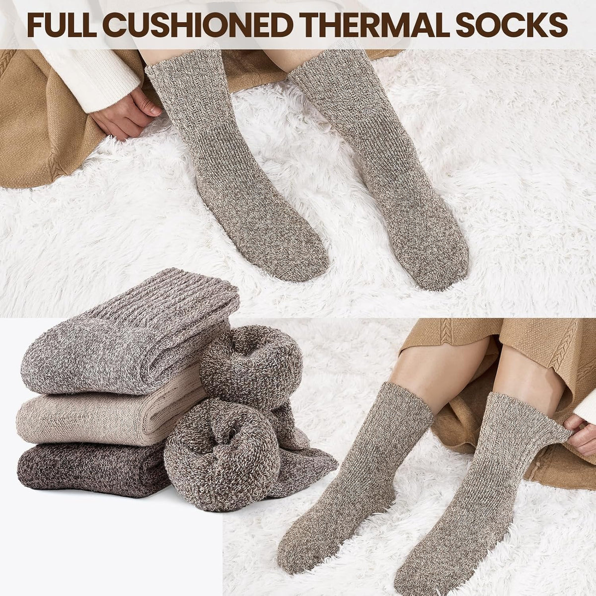 Niorasen Women's Thermal Socks, 3 Pairs, Cushioned Winter Crew Boot Socks