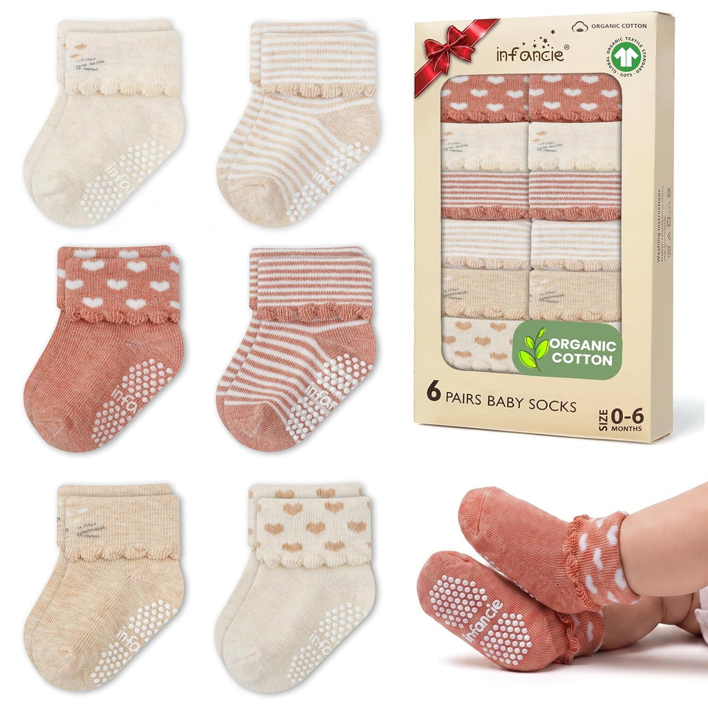 GOTS Organic Cotton Blend 12 Pairs Baby Newborn Socks 0-6 M Girl Non Slip