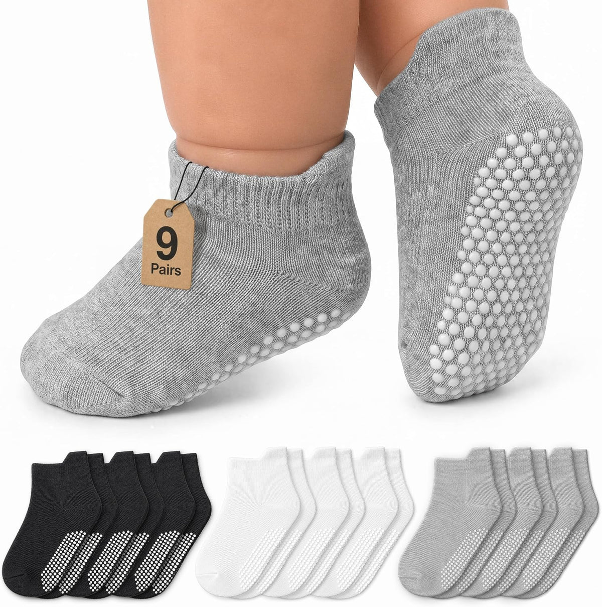 Infinno Baby Non Slip Ankle Socks 9 Pairs - Toddler Socks with Grips for Kids, Infants Boys and Girls 6-24 Months, 1T-7T