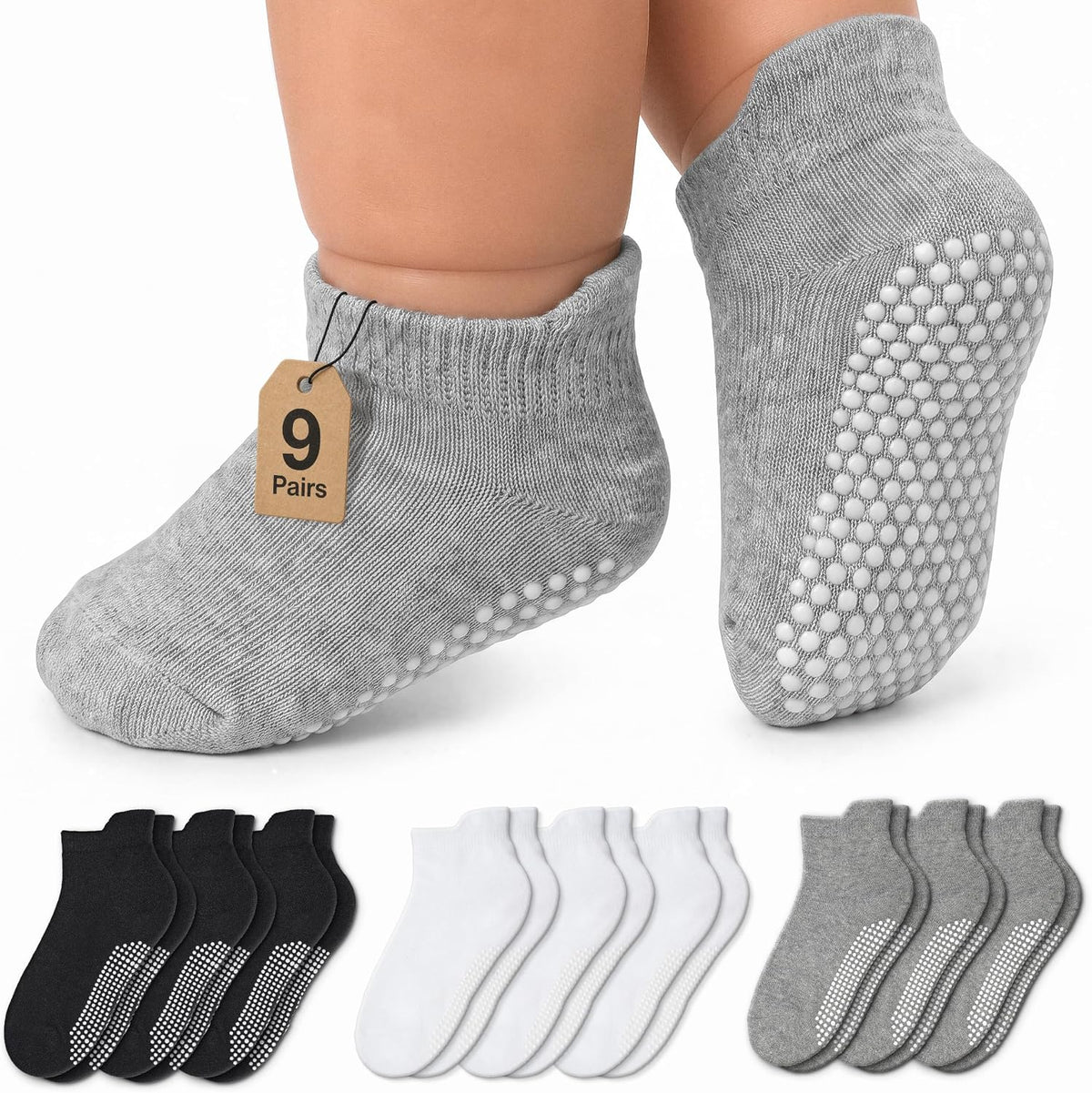 Infinno Baby Non Slip Ankle Socks 9 Pairs - Toddler Socks with Grips for Kids, Infants Boys and Girls 6-24 Months, 1T-7T